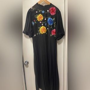 ASOS beautiful black pleated midi dress with embroidered flowers 🌺